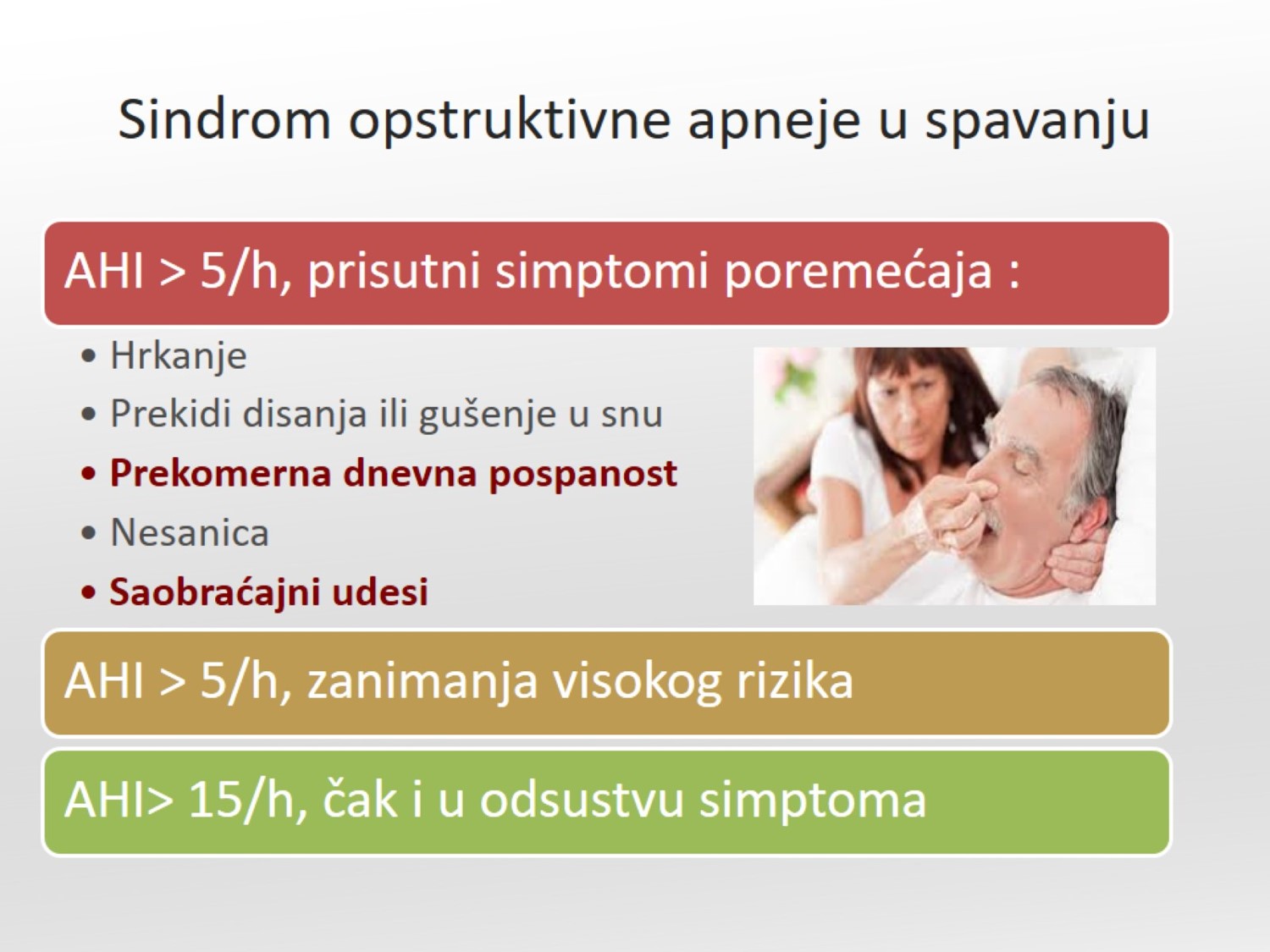 Infografika: kriterijumi za sindrom opstruktivne apneje u spavanju — AHI > 5/h sa simptomima, AHI > 5/h kod zanimanja visokog rizika, AHI > 15/h čak i bez simptoma